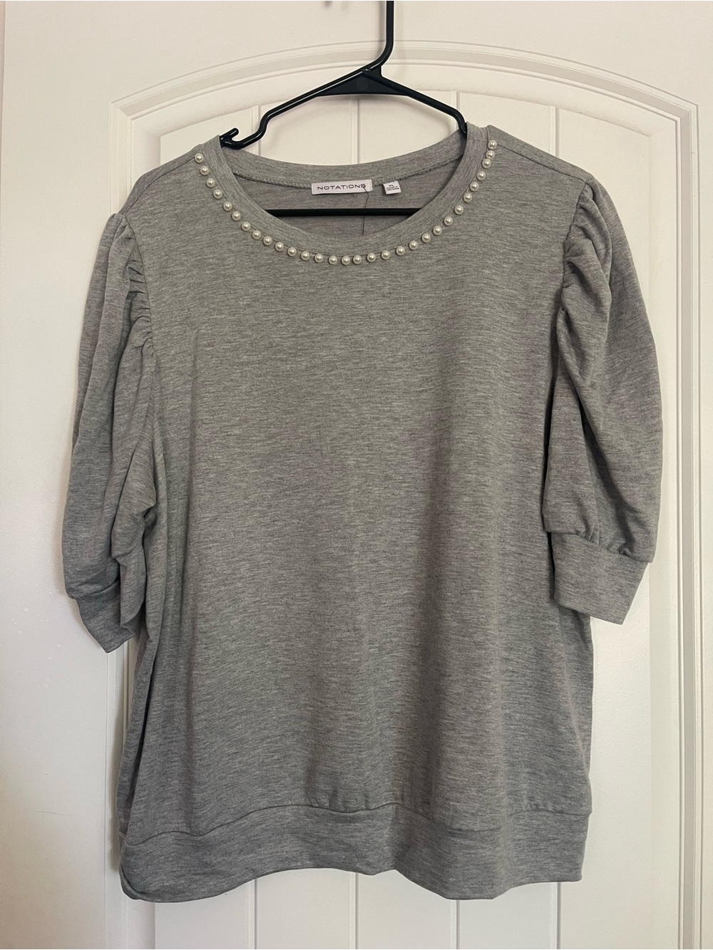 Notations Gray Pearl-Trim Puff Sleeve Sweatshirt
